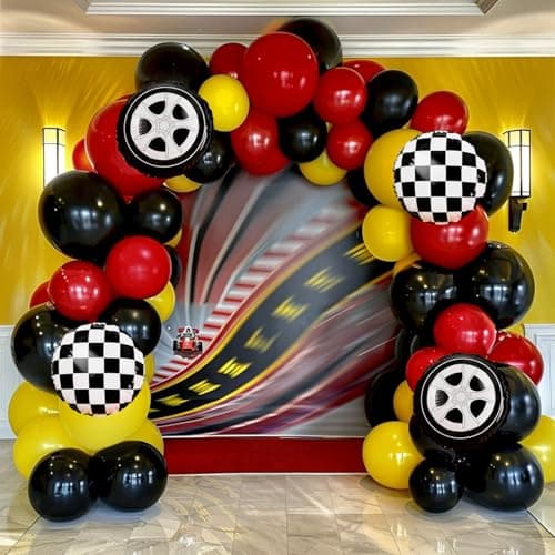 Race Car Balloon Garland Arch Kit, 160Pcs Red Yellow Black Latex Balloons Wheel Checkered Foil Balloons for Racing Car Two Fast 2nd Birthday Party Decorations - Image 1
