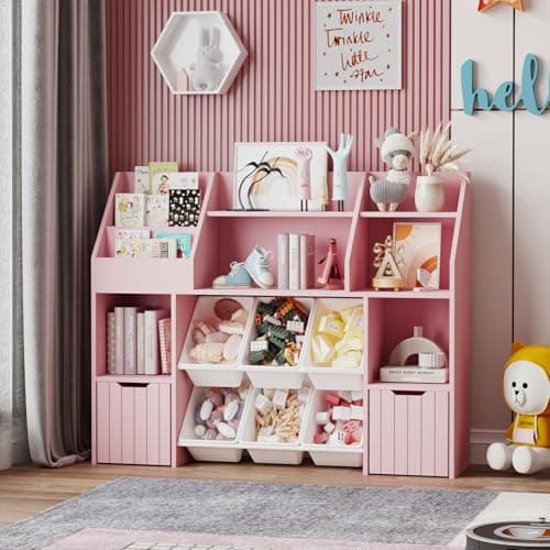 Wooden Wide Bookshelf,Tiered Bookshelves,with 2 Mobile Drawers on Wheels and 6 Removable Storage Baskets,Anti-tip Design,Suitable for Living Rooms,Bedrooms and Game Rooms (Tiered bookshelf-Pink-02) - Image 1