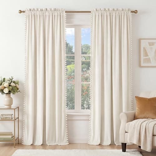 NICETOWN Cute Pom-Pom Trim Velvet Curtains 8 ft Long, Ivory White – Delicate Light Filtering Drapes Beautiful Lovely Home Decor for Baby, 52" W x 96" L, 2 Panels - Image 1