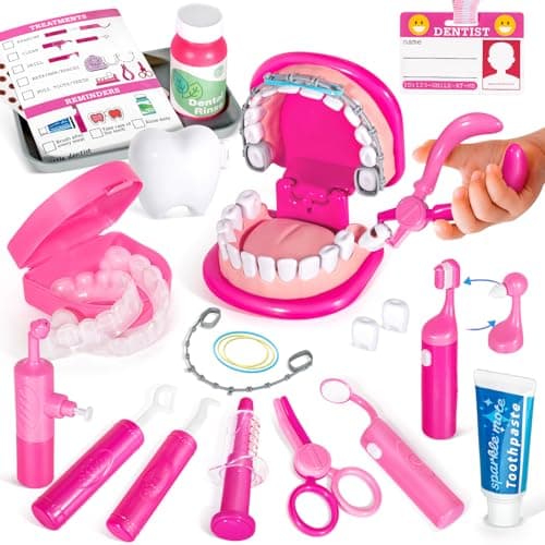 ULOVEME Kids Dentist Play Set Pink with Braces /Removable Teeth /Retainer - Doctor Kit for Toddlers 3-5 - Educational Toys for 4+ Year Old Girls - Pretend Play Toy for Ages 5-7 (Fushia) - Image 1