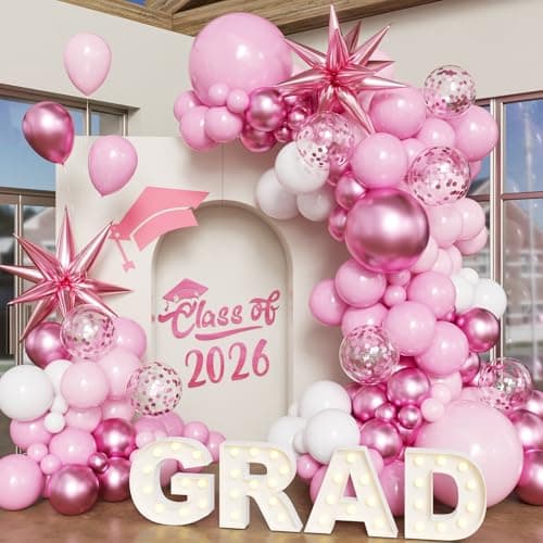 Pink White Rose Balloon Arch Kit, 2026 Graduation Decorations, 130Pcs Pink and White Balloons with Foil Star Balloons Confetti Balloons for College High School Graduation Decorations Class of 2026 - Image 1