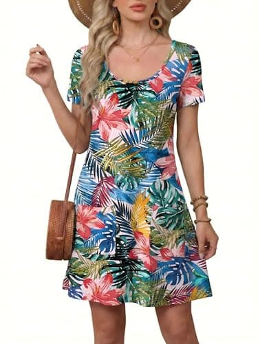 Moodclo Womens T Shirt Sundress Tropic Affair Small U Neck Short Sleeve Casual Summer Dresses for Women Loose Beach Cover Ups with Pockets - Image 1