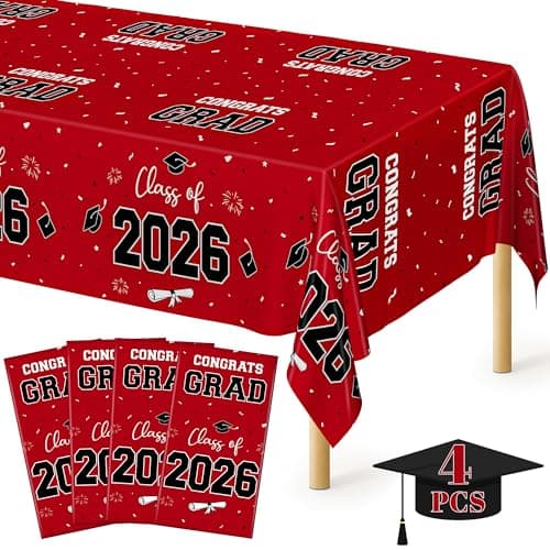QZYL 4 Pack Graduation Table Cloth, 54" x 108" Red 2026 Graduation Table Decorations, Disposable Grad Party Decorations for College, Rectangle Plastic Tablecloth for Class of 2026 Congrats Grad - Image 1