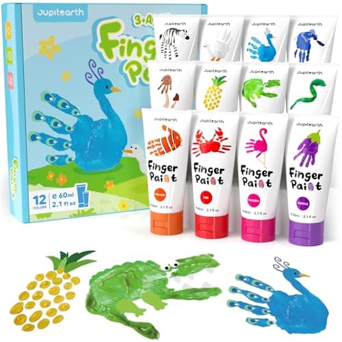 JUPITEARTH 28 PCS Finger Paint, Washable Paint for Todllers 1-3, Non-Toxic 12 Vibrant Colors (2.1fl oz/60ml ) , Palette, Apron, Brush, Eye Stickers, Baby Safe Paints for Hand and Feet, Safe Preschool Art Supplies for Kids - Image 1