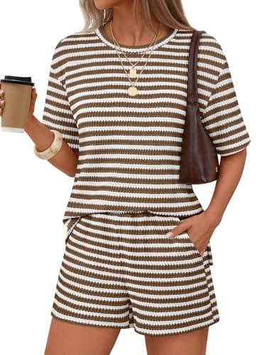 MEROKEETY Women's Summer 2 Piece Lounge Sets Striped Knit 2026 Casual High Waisted Shorts Matching Airport Travel Outfits, Khaki, S - Image 1