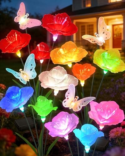 Cujemy Solar Garden Lights Outdoor Waterproof 2 Pack Swaying Butterfly Light with 7- Color Changing Rose Flowers Solar Lights for Outside Garden Decor Lawn Yard Patio Path,Gifts for Mother's Day Women - Image 1