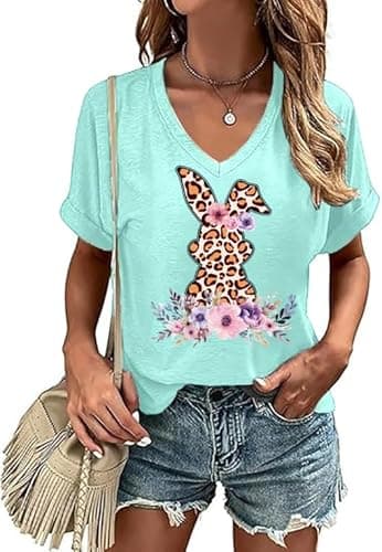 Easter Shirts for Women V Neck Happy Easter T Shirt Easter Bunny Shirt Cute Rabbit Graphic Tee Gift Spring Tees Tops Green - Image 1