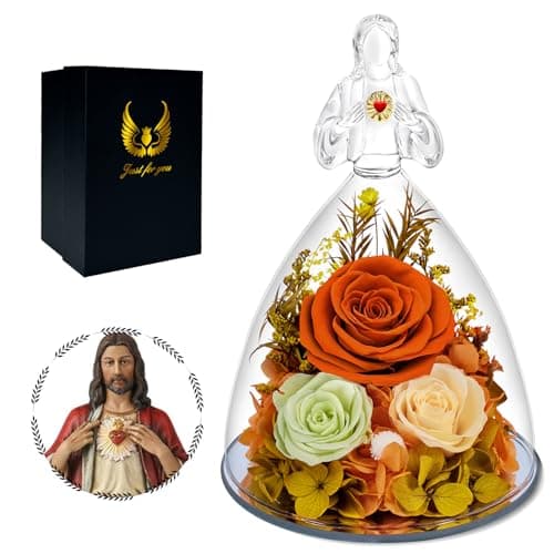 Gift for Mom Preserved Rose Birthday Mother‘s Day Gift for Her Women Forever Flower in Glass with Sacred Heart Figurine Anniversary for Wife,Girlfriend,Home Decor,Women,Eternal Colorful Roses - Image 1