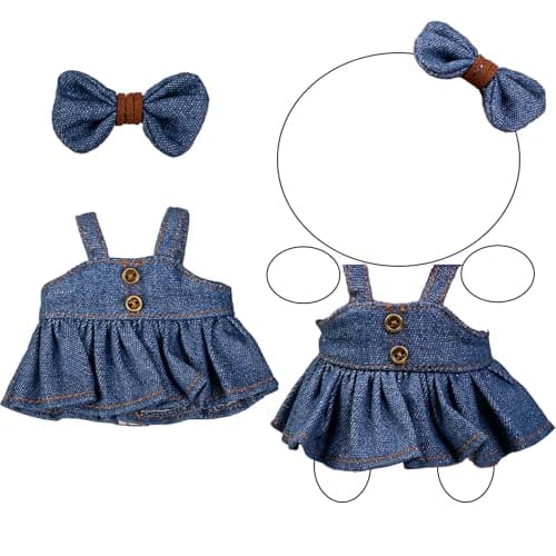 2PCS Doll Clothes Set Denim Overalls Skirt and Striped Shirt Outfit for 15 16 17cm 4 Inch Blind Box Dolls