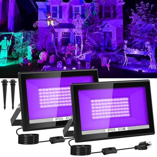 T-SUN 2 Pack 60W Black Lights Outdoor, Blacklight Flood Light with US Plug and Switch, IP66 Waterproof Black Lights for Glow Party, Glow in The Dark, Body Paint Fluorescent Poster Halloween - Image 1