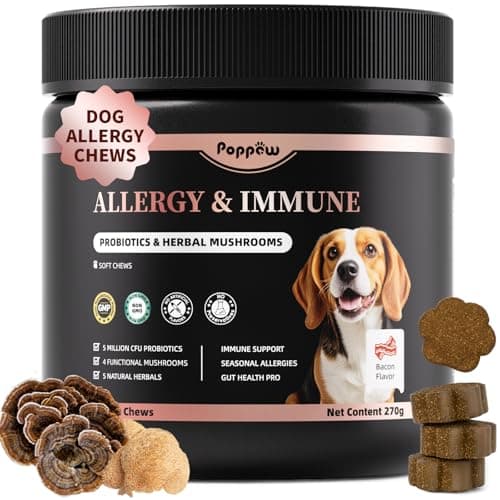 POPPAW Turkey Tail Mushroom for Dogs,Dog Allergy Chews, Probiotics for Dog Allergy Relief - Itchy Skin- Allergy Paw Relief - Seasonal Allergies & Immune Gut Health & Joint, Bacon Flavor - 90 Count - Image 1