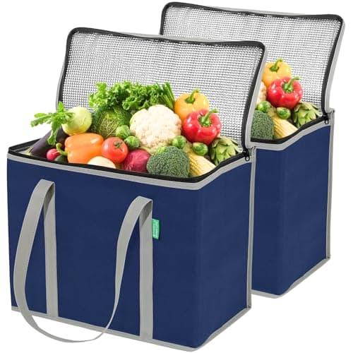 Creative Green Life XL Insulated Reusable Grocery Bags (2-Pack) - Premium Quality Cooler Bags with Hard Bottom Insert, Stands Upright, Washable
