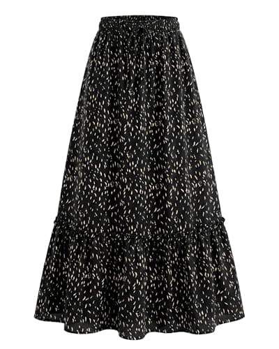 BTFBM Womens Boho Maxi Skirt 2026 Summer Floral High Waisted Flowy Tiered Long Spring Beach Vacation Skirts Pockets(Black, X-Large) - Image 1