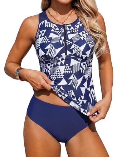 ZAFUL Women's Tankinis Bathing Suit Tummy Control Swimsuits High Waisted Two Piece Swim Suit Zip Push Up Tankini Slimming Full Coveraged Tankinis Modest Swimwear Navy Cube XL - Image 1