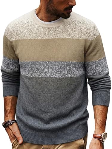 ALLOVIN Men’s Gradient Stripe Knit Sweater – Slim Fit, Soft Wool Blend, Warm & Stylish for Fall Winter | Gray Green | Small - Image 1