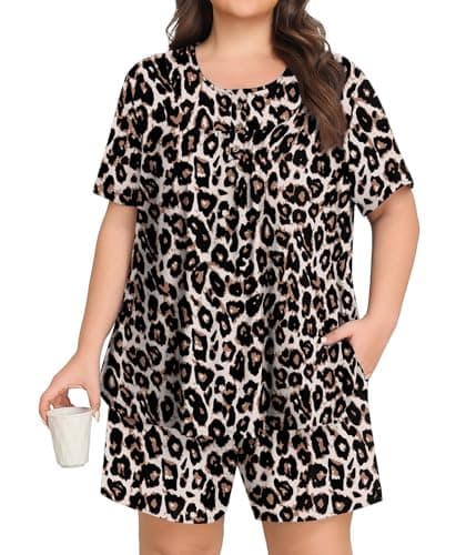 Lastshe Plus Size Pajama Set for Women Summer Short Sleeve Shorts Henley Neck Pjs 2 Piece Lounge Set with Pockets Sleepwear,Leopard Spots-1X - Image 1