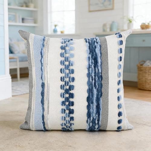 yuboo Coastal Decorative Throw Pillows Set of 2, 18x18 Blue and White Textured Tufted Pillow Covers, Nautical Summer Beach House Decor for Couch, Sofa, Bedroom and Patio (Inserts Not Included) - Image 1