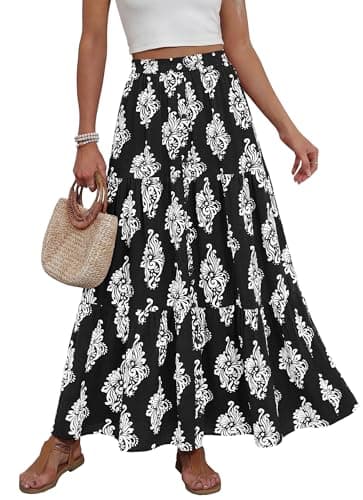 BTFBM Long Skirts for Women Summer 2026 Elastic High Waist Flowy A Line Casual Boho Tiered Floral Maxi Skirt Pockets(Black White Flower, Medium) - Image 1
