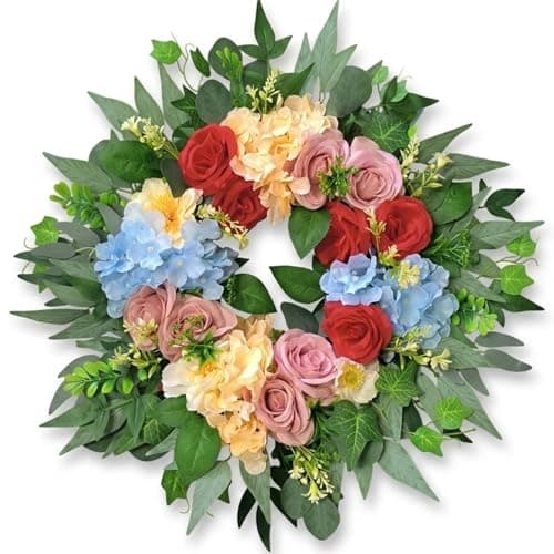24" Multicolor Hydrangea Wreath for Front Door - Artificial Red Pink Rose & Hydrangea Floral Wreath - Multi-Foliage Spring Summer Decor for Outside Porch, Window, Wall Hanging Wedding - Image 1