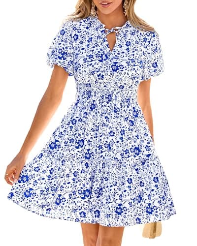 BTFBM Summer Dresses for Women 2026 Ruffle Short Sleeve Elastic Waist Tiered Floral Mini Dress Beach Vacation Sundresses(White Blue Flower, Small) - Image 1