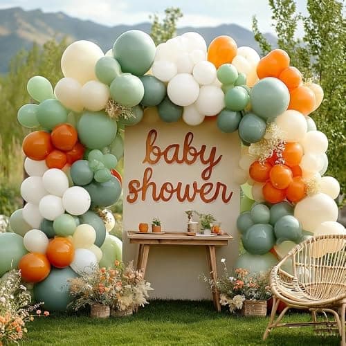 Dusty Green Orange White Balloon Garland, Double Stuffed Burnt Orange Sage Green Ivory Yellow Balloons Arch Kit for Baby Shower Gender Reveal Easter Birthday Safari Jungle Party Decorations - Image 1