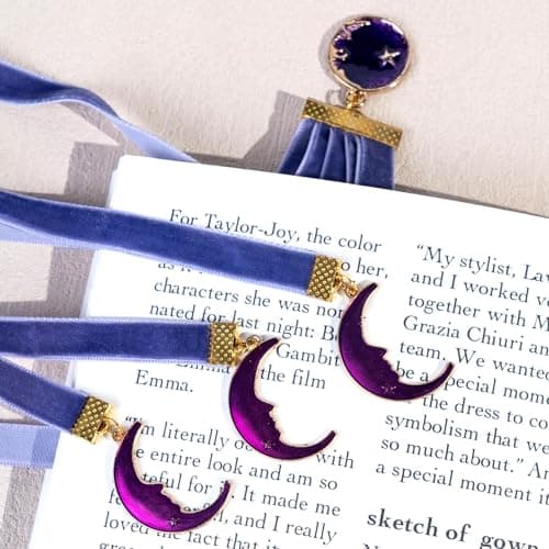 bibiage Velvet Bible Ribbon Bookmark, 5 Multi-Page Bible Bookmarks for Women & Men, 14 inch Ribbon Bookmark for Bible Study, Elegant Christian Gift with Moon Star Pendants, Purple - Image 1