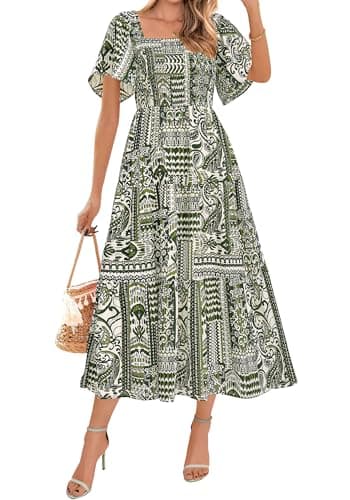 BTFBM Women's Clothing Wedding Guest Dresses Casual Boho Floral Short Sleeve Smocked Maxi Beach Spring Summer Dress 2026(Floral Grass Green, Large) - Image 1
