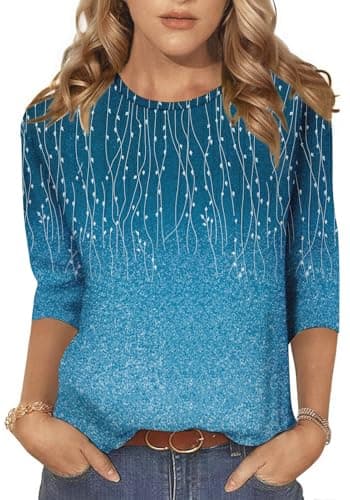 NORACORA Women's 3/4 Length Sleeve Crew Neck T-Shirt - Printed Casual Basic Tops Cyan - Image 1
