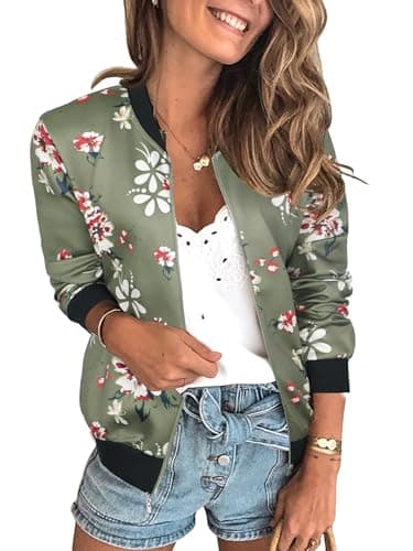 ECOWISH Women's Casual Floral Zip Up Bomber Jacket Coat Lightweight Short Camo No Lining Outwear Tops Windbreaker with Pocket 333Army Green-1 Large - Image 1