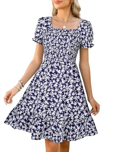 Lyrur Women's Sundress with Puff Sleeve Summer Spring Casual Tiered Ruffle Smocked Floral Easter Pocket Dress (L,7036 Navy Floral) - Image 1