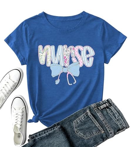 Nurse Shirt Women School Nurseing Tshirt-Bow Stethoscope Teet Ops Vintage Floral Nurse Tee B-Blue - Image 1