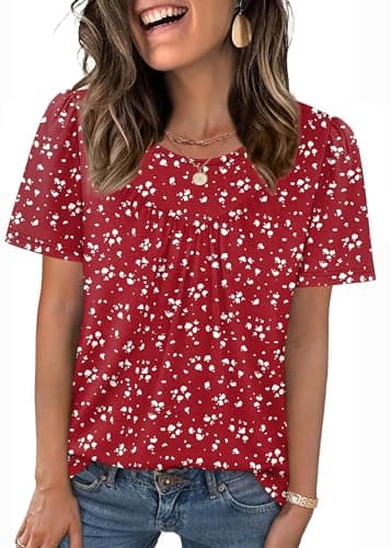 WIHOLL Short Sleeve Shirts for Women Summer Tops Plus Size Spring Beach Vacation Clothes Round Neck Airport Outfits Pleated Boho Chic Clothing Hide Tummy White Polka Dot 3XL - Image 1