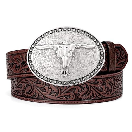 Western Leather Belt for Men Women Cowgirl Cowboy Belt Men Rodeo Western Leather Longhorn Bull Buckle Belt Leather Christmas Gifts Country Belts for Jeans - Image 1