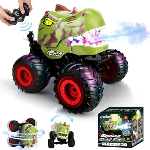 Drefirsa Dinosaur Remote Control Car for Boys 4-7 8-12, 50min+ Runtime RC Car with Spray, LED Light, 360° Rotating & 90° Driving, RC Monster Truck Toy for Kids Birthday - Image 1