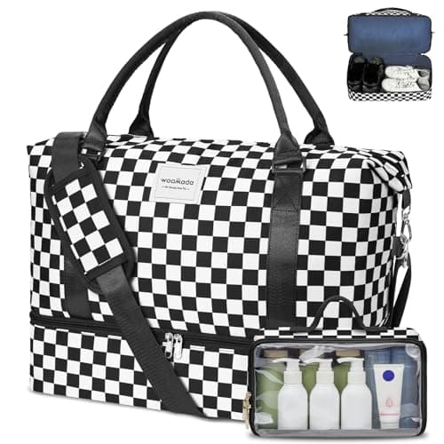 WOOMADA Weekender Overnight Bag for Women, Carry on Shoulder Travel Duffel with Shoes Compartment,Gym Bag with Toiletry Bag(black checkerboard) - Image 1
