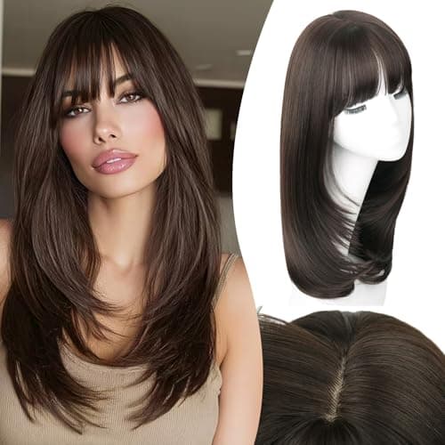 NOSTALGIA Brown Wig with Bangs Dark Brown Wigs for Women,4x4 Realistic Scalp, Free Parting Layered Hairstyle Synthetic Heat Resistant Natural Looking Wig for Daily Party Cosplay Use - Image 1