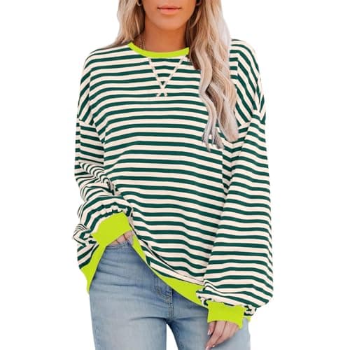 HDLTE Womens Oversized Striped Sweatshirt Crewneck Classic Color Block Long Sleeve Casual shirt Fashion Loose Pullover Tops Green - Image 1