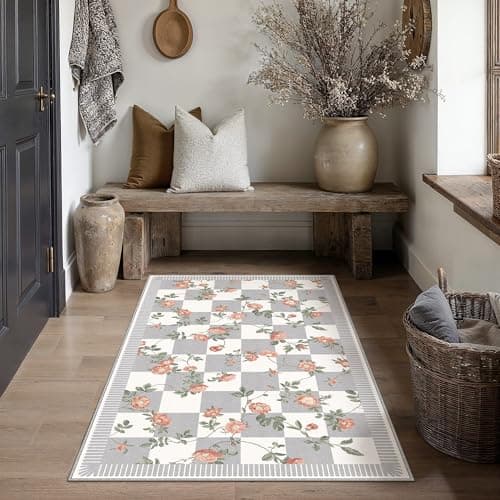 HUGEAR 3x5 Checkered Area Rugs Machine Washable Grey Living Room Rug Floral Print Non-Slip Stain Resistant Low Pile Indoor Throw Carpet for Bedroom Home Unique Aesthetic Modern Decor - Image 1