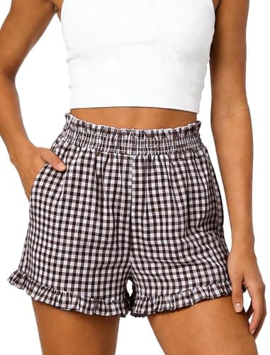 Rioofinx Womens Ruffle Boxer Shorts Gingham Pajama Shorts with Pockets Lounge Sleep Shorts Summer Causal Outfit 2026 Brown M - Image 1