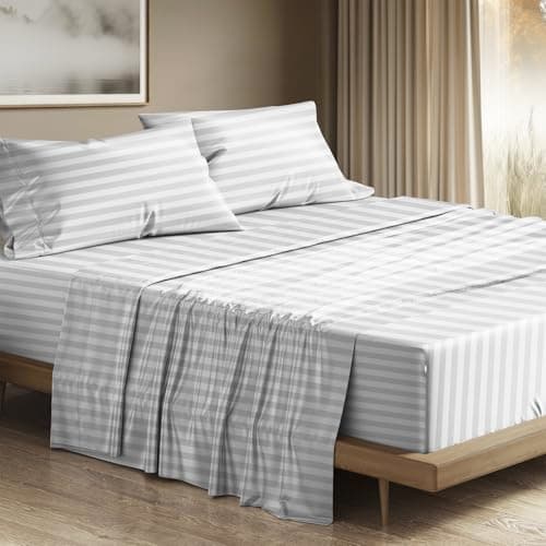 THREAD SPREAD Egyptian Cotton Sheets King Size - 1200 Series Plush Collection Damask Sheet Set Egyptian Cotton (4 PC, White Stripe), Luxury Sheet King Size, Soft, Cooling Deep Pocket Sheets - Image 1
