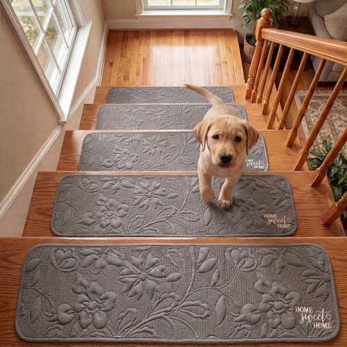 Stair Treads for Wooden Steps Indoor, Rugs Runners for Kids and Pets, 8" X 30" (15Pack) Stair Carpet Treads with Reusable Non-Slip Silicone Particles Backing, Machine Washable, Elegant Quilting-Khaki - Image 1