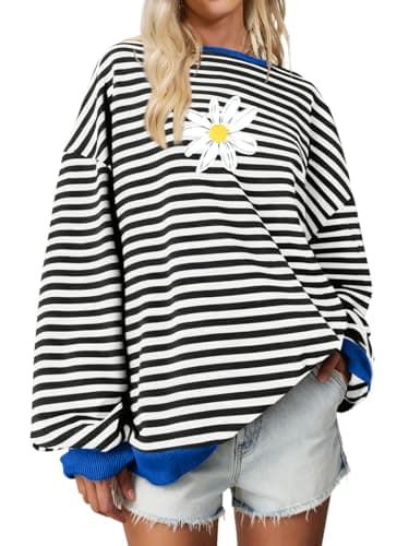 HEYTALALA Womens Oversized Striped Sweatshirts Y2K Long Sleeve Crewneck Sweater Color Block Drop Shoulder Loose Pullover Tops Black White M - Image 1