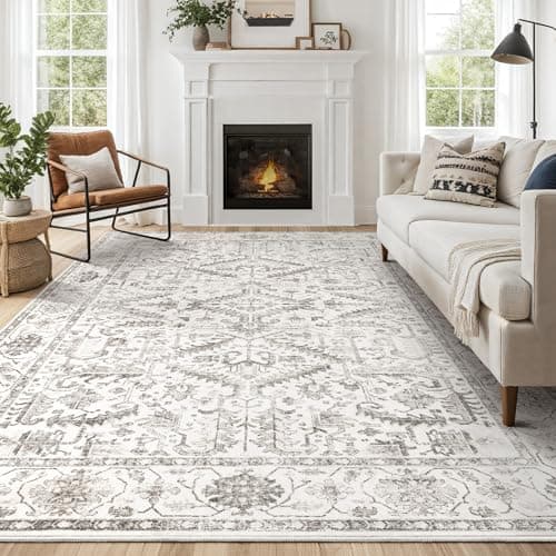 Area Rugs 5x7 for Living Room - Washable Soft Large Vintage Rug Non-Slip Stain Resistant Traditional Stain Resistant Indoor Floor Low Pile Carpet for Bedroom Dining Room or Home Office - White - Image 1
