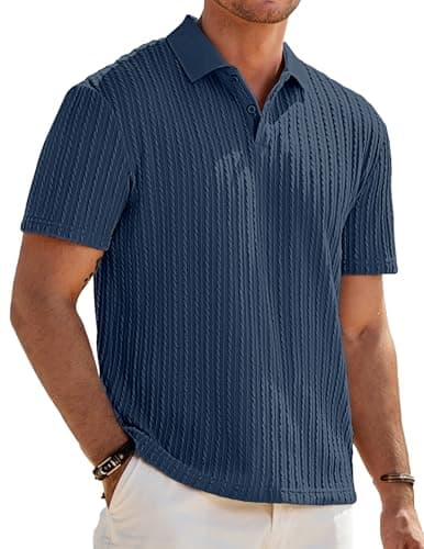 JMIERR Mens Fashion Polo Shirt Spring Short Sleeve Vacation V Neck Dress Shirts Beach Knit Men Gift, L, Blue - Image 1
