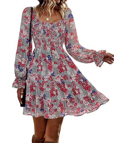 BTFBM Womens Long Sleeve Dress Vacation Square Neck Smocked Floral Swiss Dot Mini Boho Fall Wedding Guest Dresses 2025(Print Flower Red, Large) - Image 1
