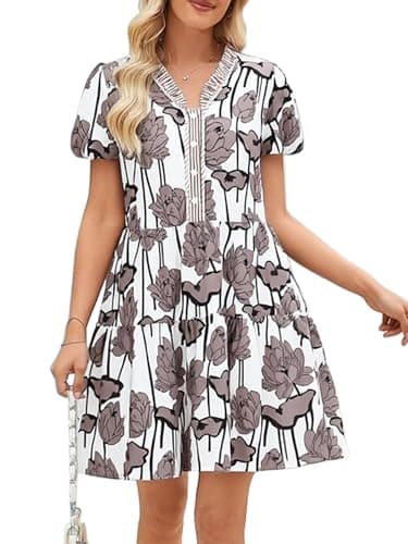 CCTOO Womens Casual Summer Dresses V Neck Button Floral Puff Short Sleeve Flowy Holiday Mini Dresss Brown Flower M - Image 1