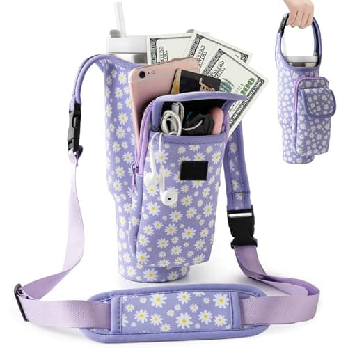 Carrier Bag with Phone&Flap Pockets for Stanley 40/30oz Tumbler with Handle, Insulated Neoprene Cup Holder Carrier Bag w/Shoulder & Handheld Strap Fits Stanley Cup Accessories (Purple Daisy, 40oz) - Image 1