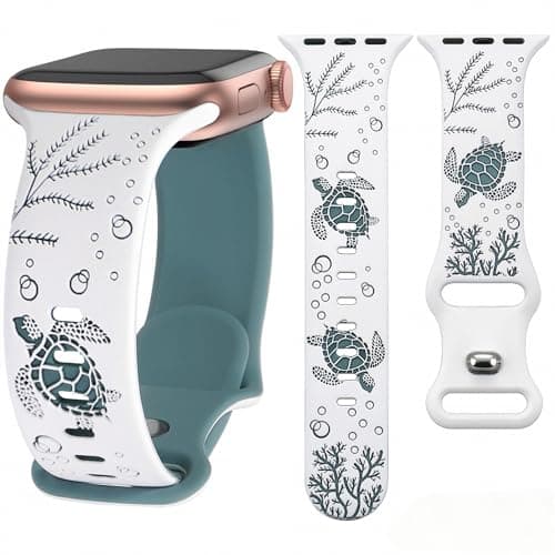 HMFCBFSS Engraved Cute Sea Turtle Band Compatible with Apple Watch Bands for Women Men 38mm 40mm 41mm 42mm, Stylish Two-Tone Floral Soft Silicone Sport Strap Fit iWatch Series 11 10 Se 9 8 7 6 5 4 3 2 1 (White/Green, 38mm/40mm/41mm/(42mm-Series 11 10) - Image 1