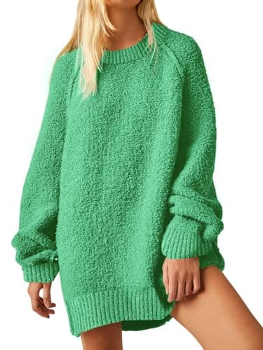 UNCLECAT Womens Oversized Sweater 2025 Fall Trendy Fuzzy Crew Neck Long Sleeve Casual Tunic Sweaters Green - Image 1