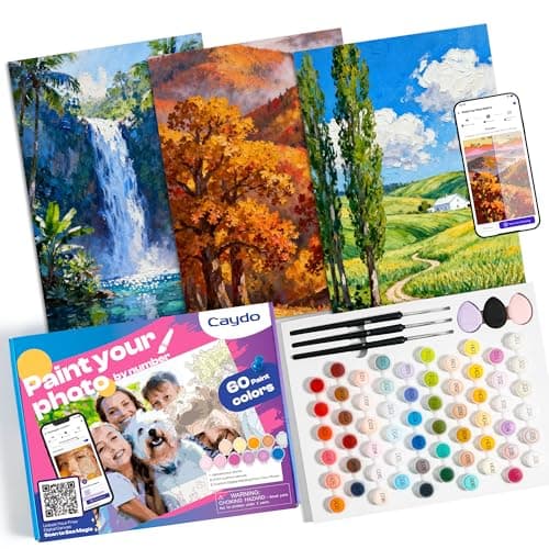 Caydo Custom Paint by Numbers Kit for Adults, Turn Your Photo into A4 Paint Templates in 5 Minutes via App with 60-Color Acrylic Set and 3 Blank Canvases for Mother's Day Gift(with Frame) - Image 1